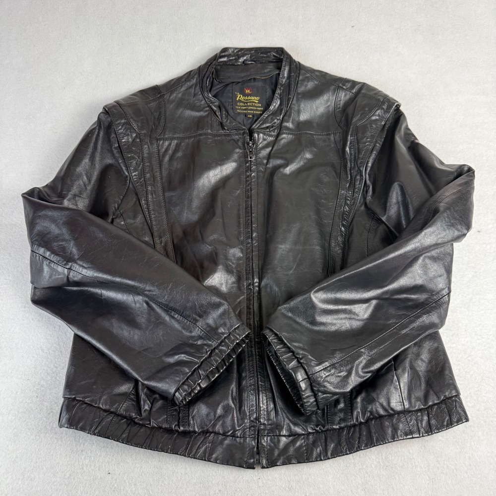 Rossano Collection Mens Black Genuine Leather Zip Up Bomber Jacket Size 44